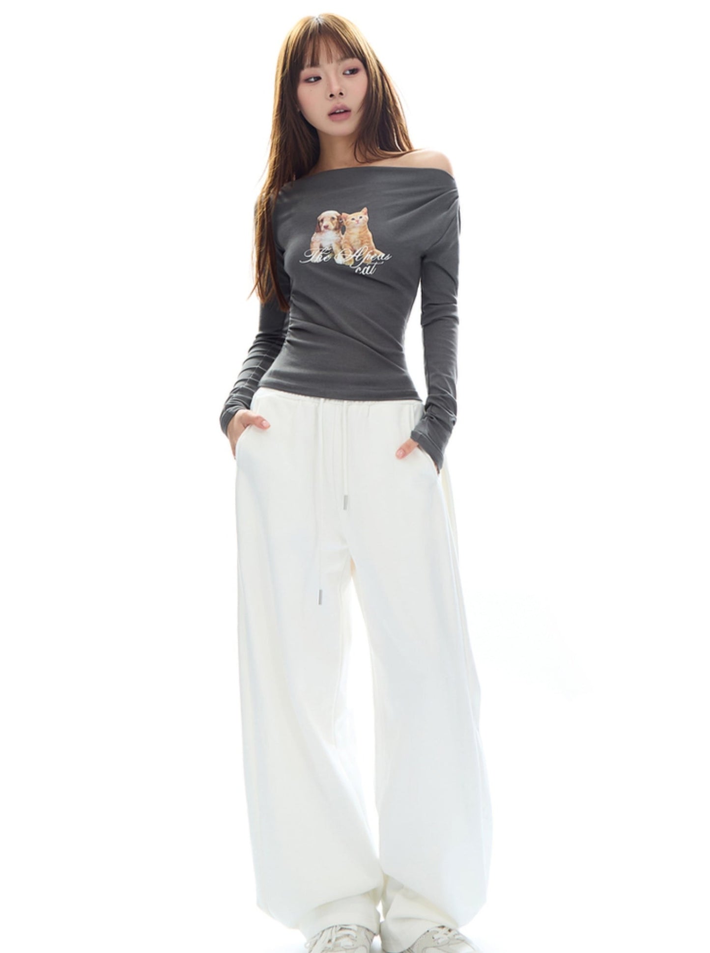 Slanted Shoulder Cat & Dog Print Top