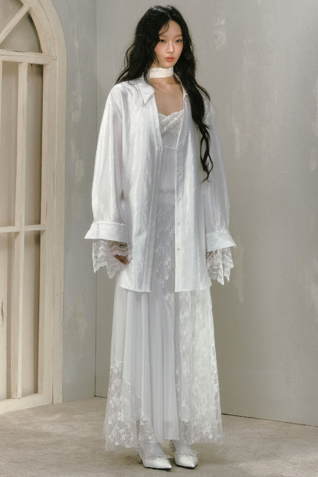 SALTHe Salt Tea, Jasmine White Moss, Pure Lust, Lace Patchwork Shirt, Bow Back Collar, Cut-out Top