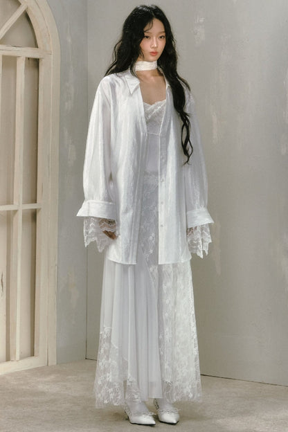 SALTHe Salt Tea, Jasmine White Moss, Pure Lust, Lace Patchwork Shirt, Bow Back Collar, Cut-out Top