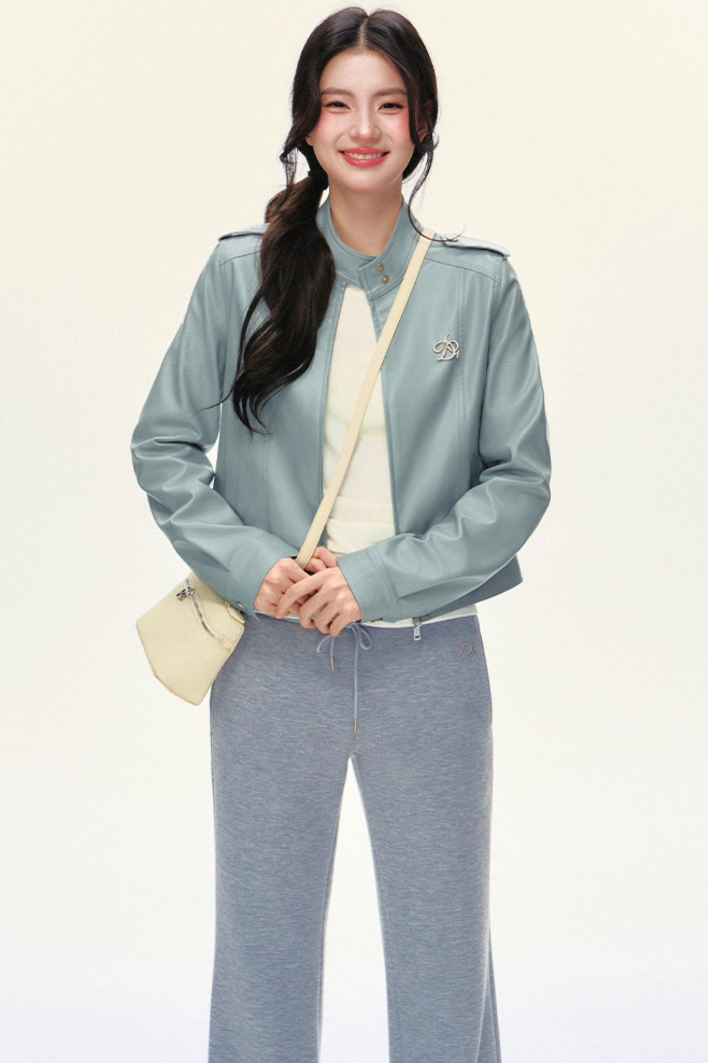 크롭 바이커 PU 가죽 재킷 