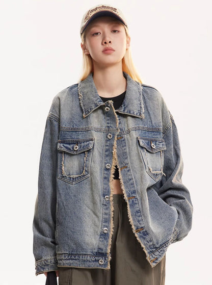 Washed Denim Raw-Edged Retro Jacket