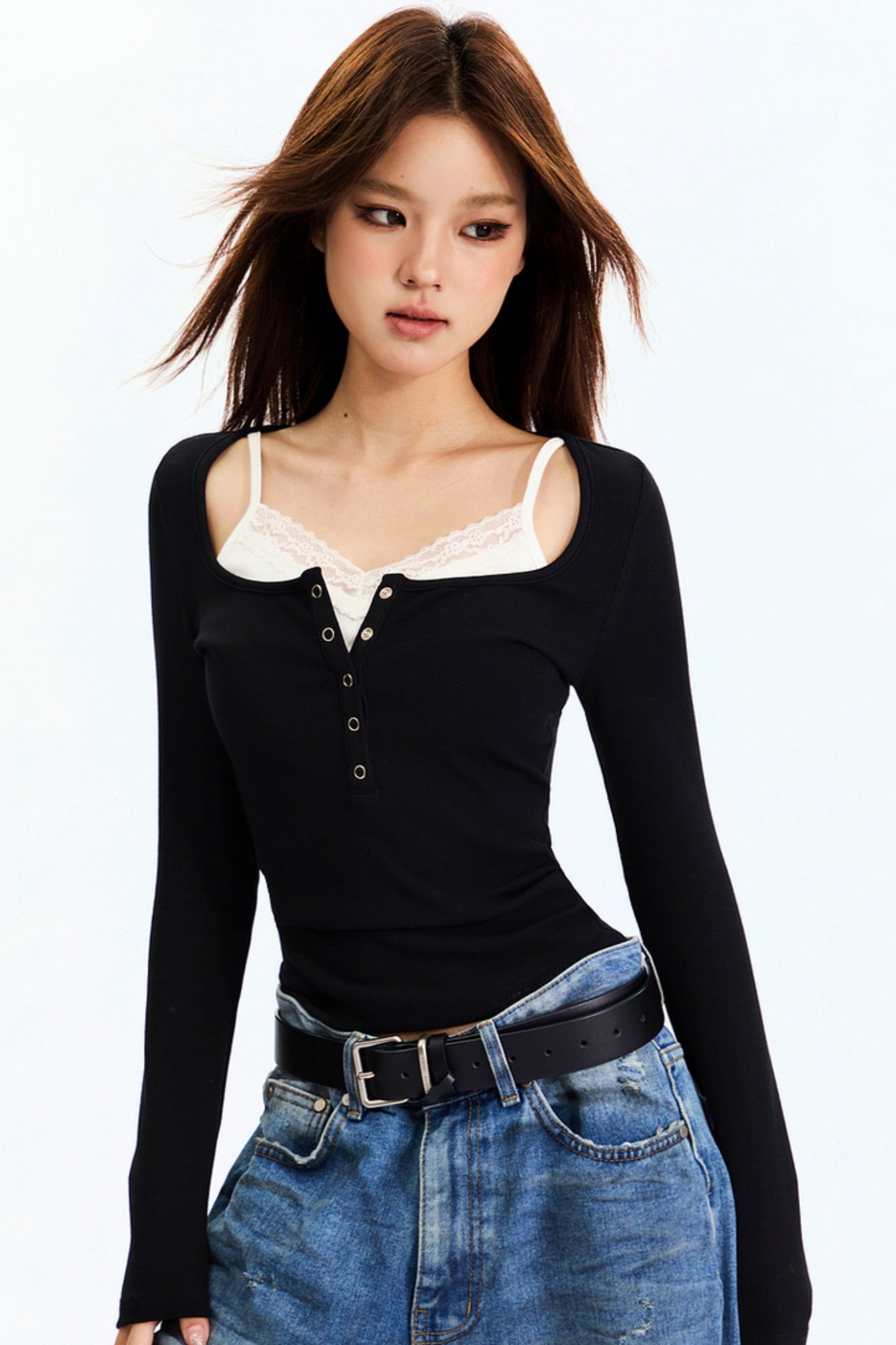 Lace Contrast Square Neck Top