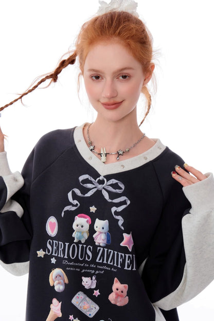 Sporty Loose Cute Print Sweatshirt