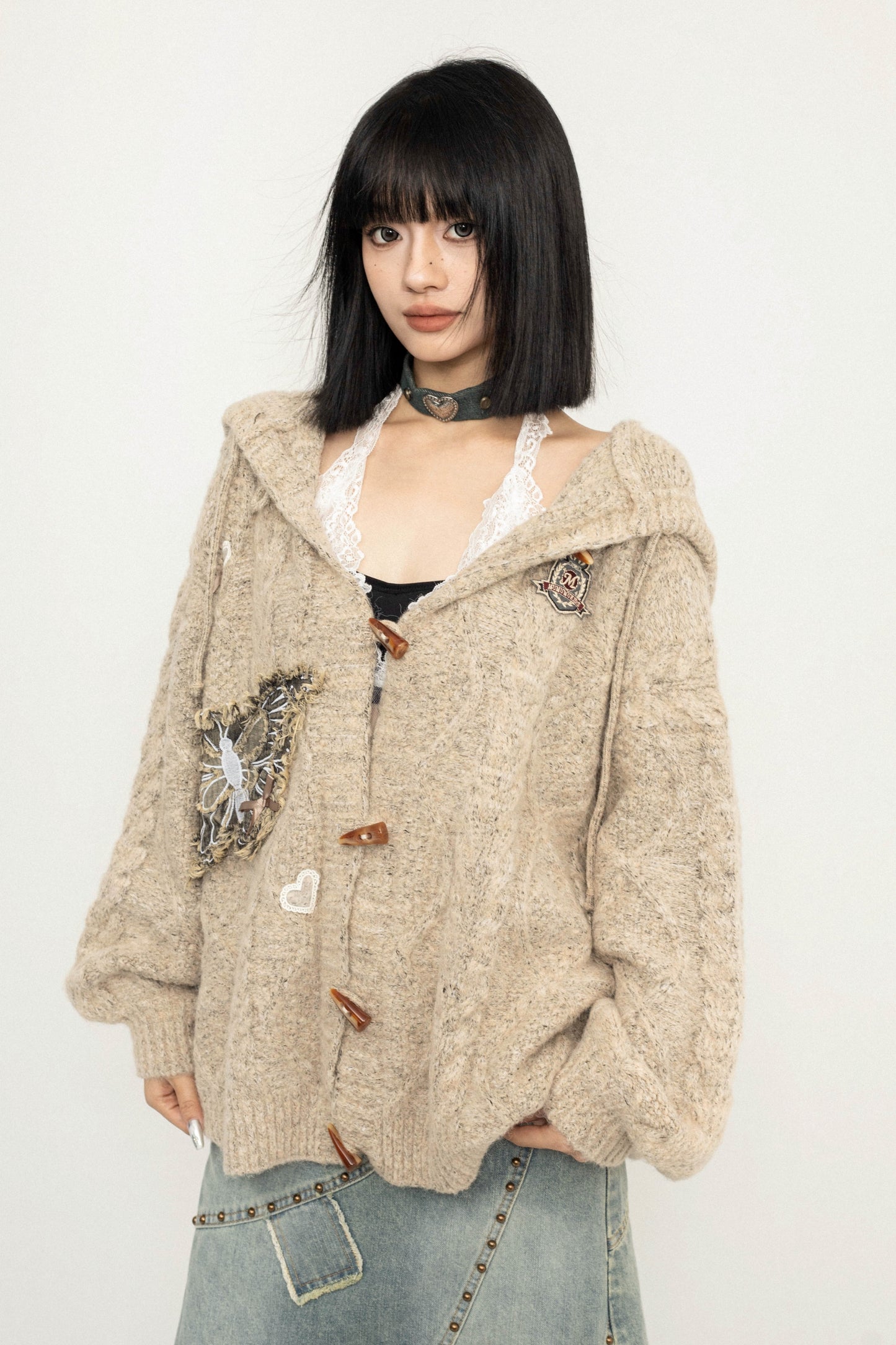 Butterfly Embroidery Hooded Knit Jacket