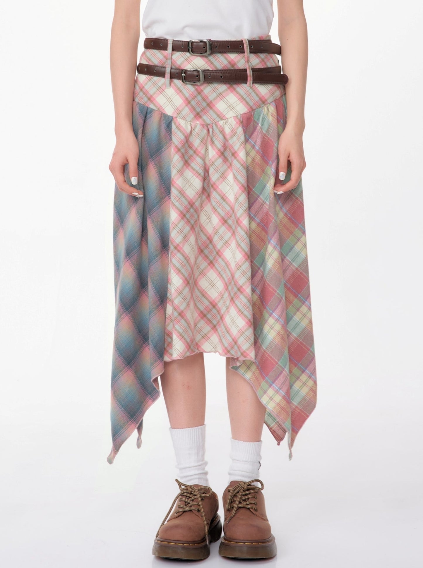 Contrast Stitching Pink Plaid Skirt