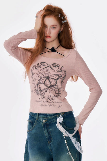 Butterfly Print Slim Halterneck Top