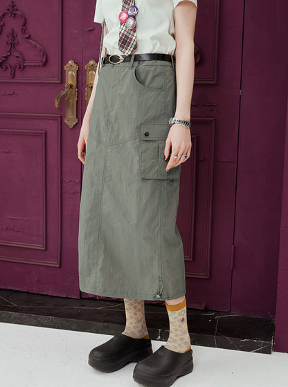 High-Waisted Cargo Long Skirt