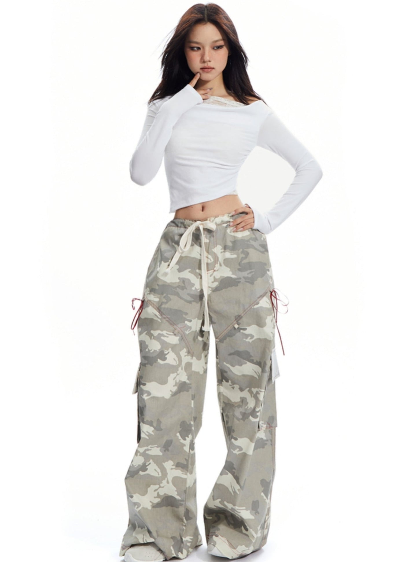 APEA American Vintage Print Drawstring Camouflage Cargo Pants 2024 Sommer Neue Loose Straight Casual Wide-leg Pants