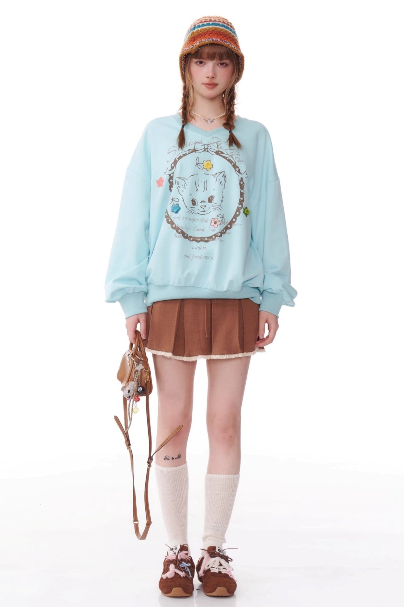 Cat Print Drawstring Loose Sweatshirt