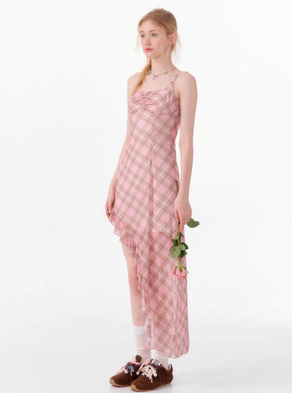 Pink Check Irregular Slip Dress