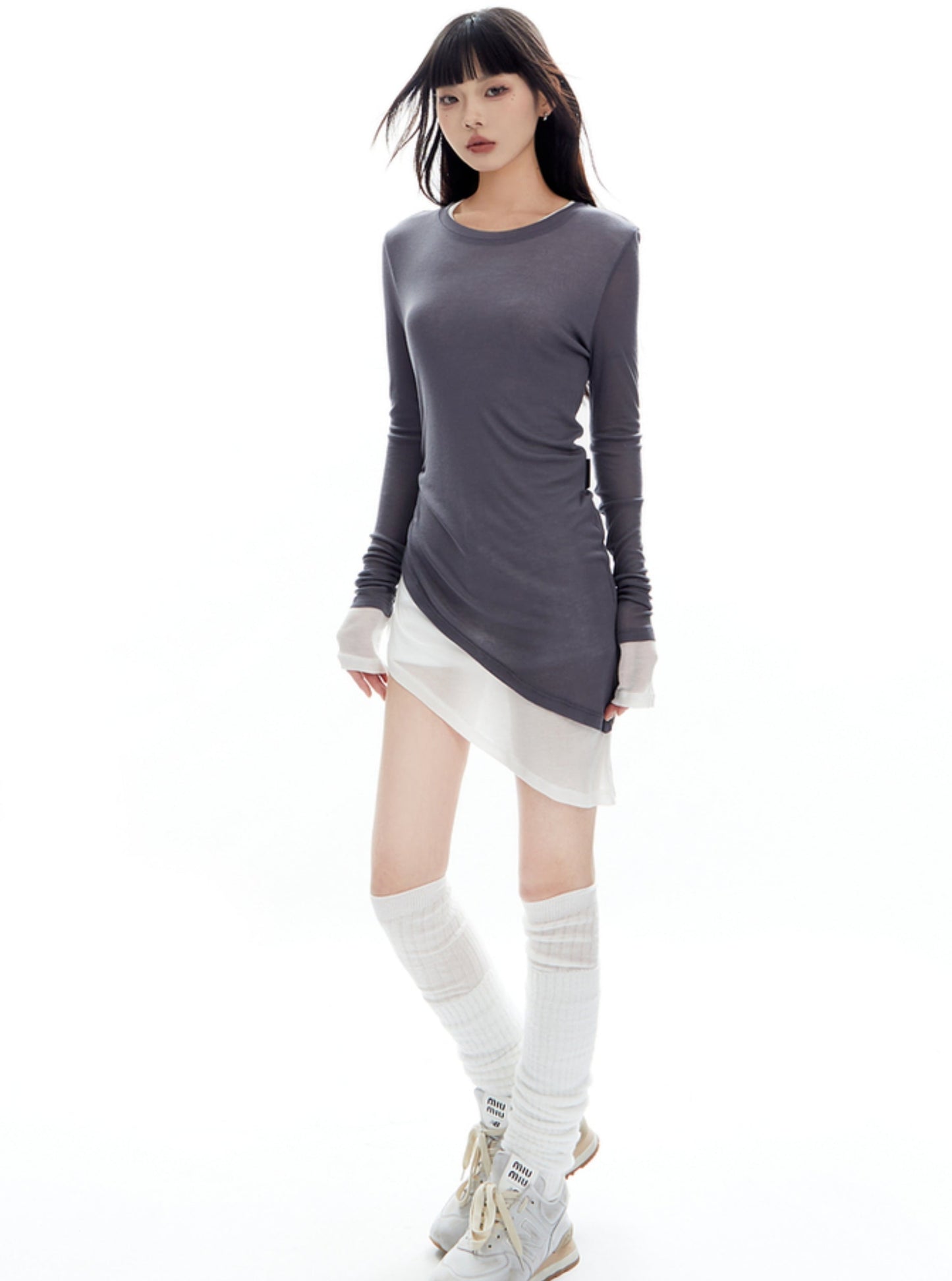 Slim Contrast Fake Two Knit Tops
