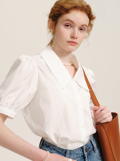 French Puff Sleeve White V-Neck Shirt