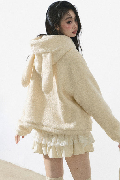 Almond Cream Velvet Hooded Jacket