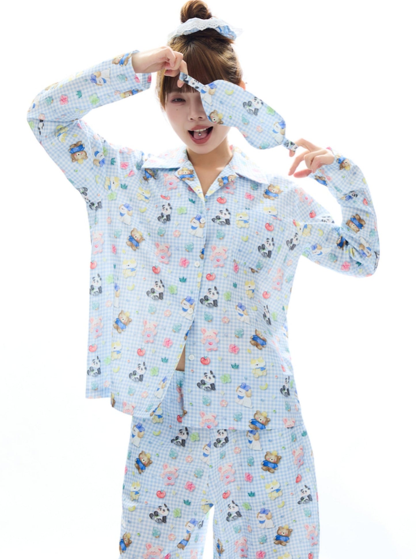 APEA sleepy bear puppy lazy long-sleeved pajamas cotton cute cartoon print parental pants two-piece suit