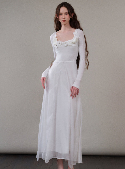 Three-Dimensional Flower White Dress