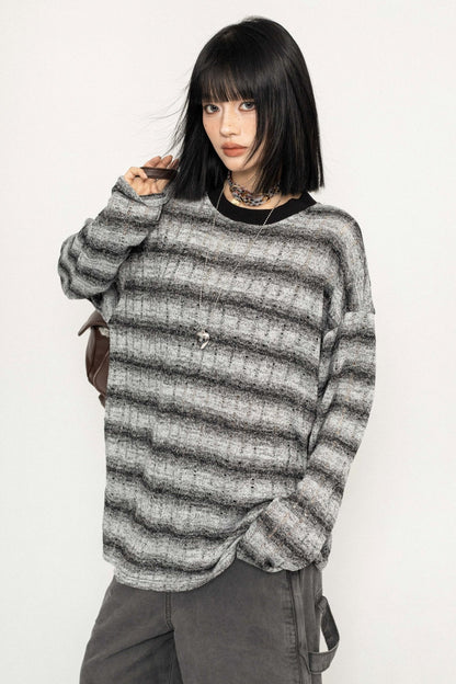 Versatile Striped Lace-up Long Sleeve T-Shirt