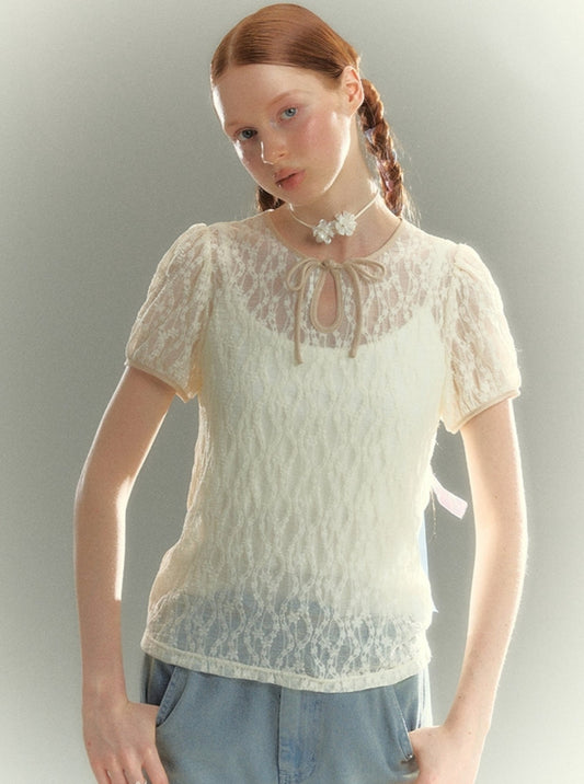 Lace Disc Button Short Sleeve T-Shirt