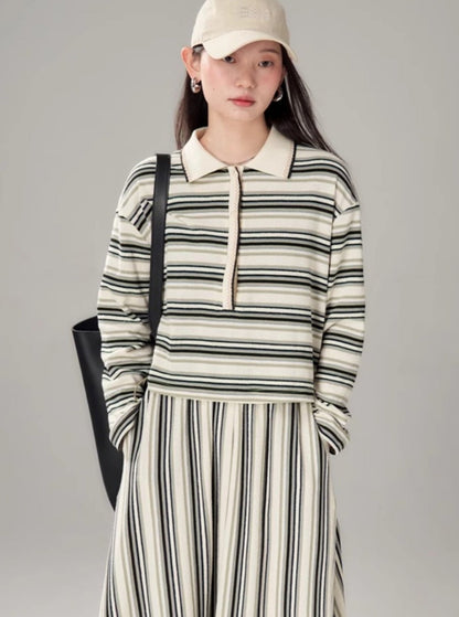 Striped Knit Long Sleeve Polo Shirt Set