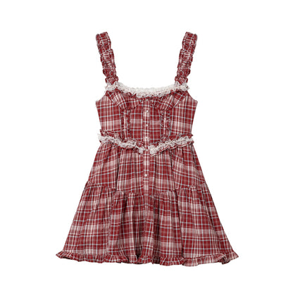 Pink Plaid Ruffle Lace Cami Dress