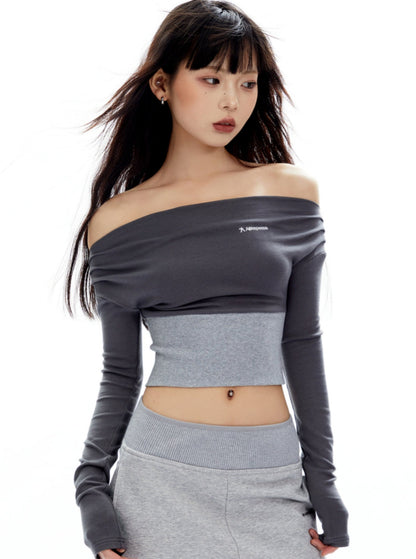 Cropped Stretch Neck Shoulder Top