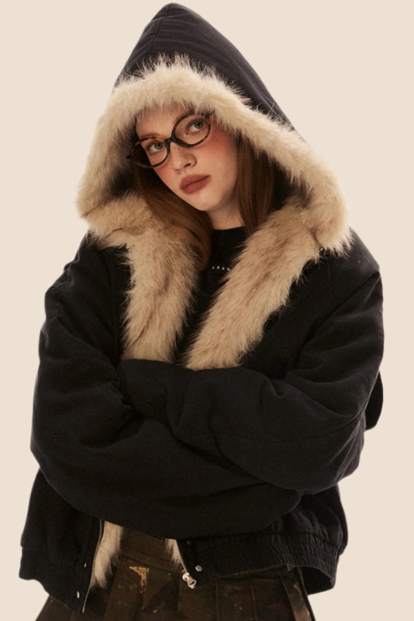 Flauschige Kragen Kapuzenjacke mit Füllung 