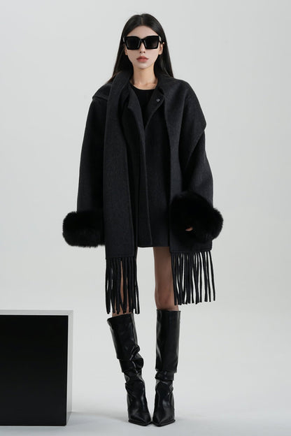 Fox Fur Sleeve Mid-Length Wool Coat