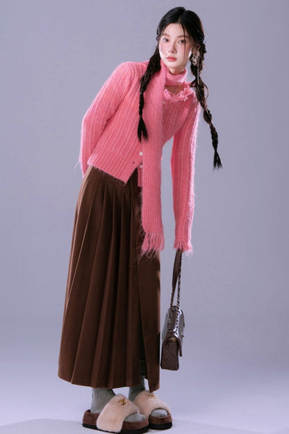 COTRE Sweet Mist Vibe Alpaca Milk Mist Blue, Sunset Pink, Tassel Small Fragrance Wool Cardigan