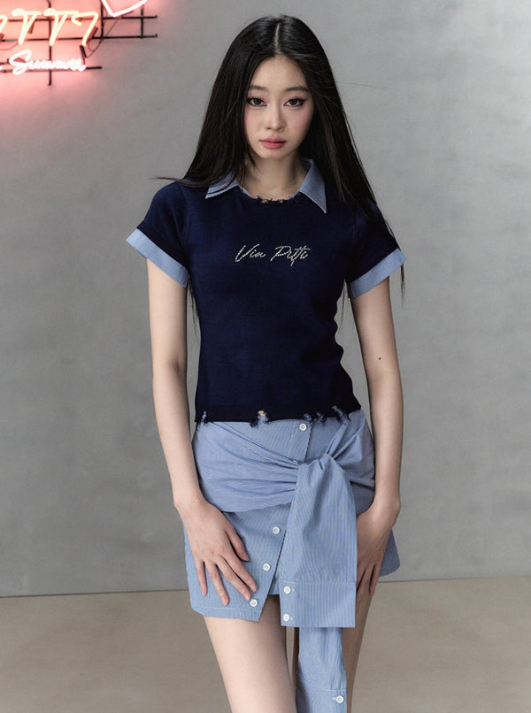 Pearl Letter Design Patchwork Knit Top