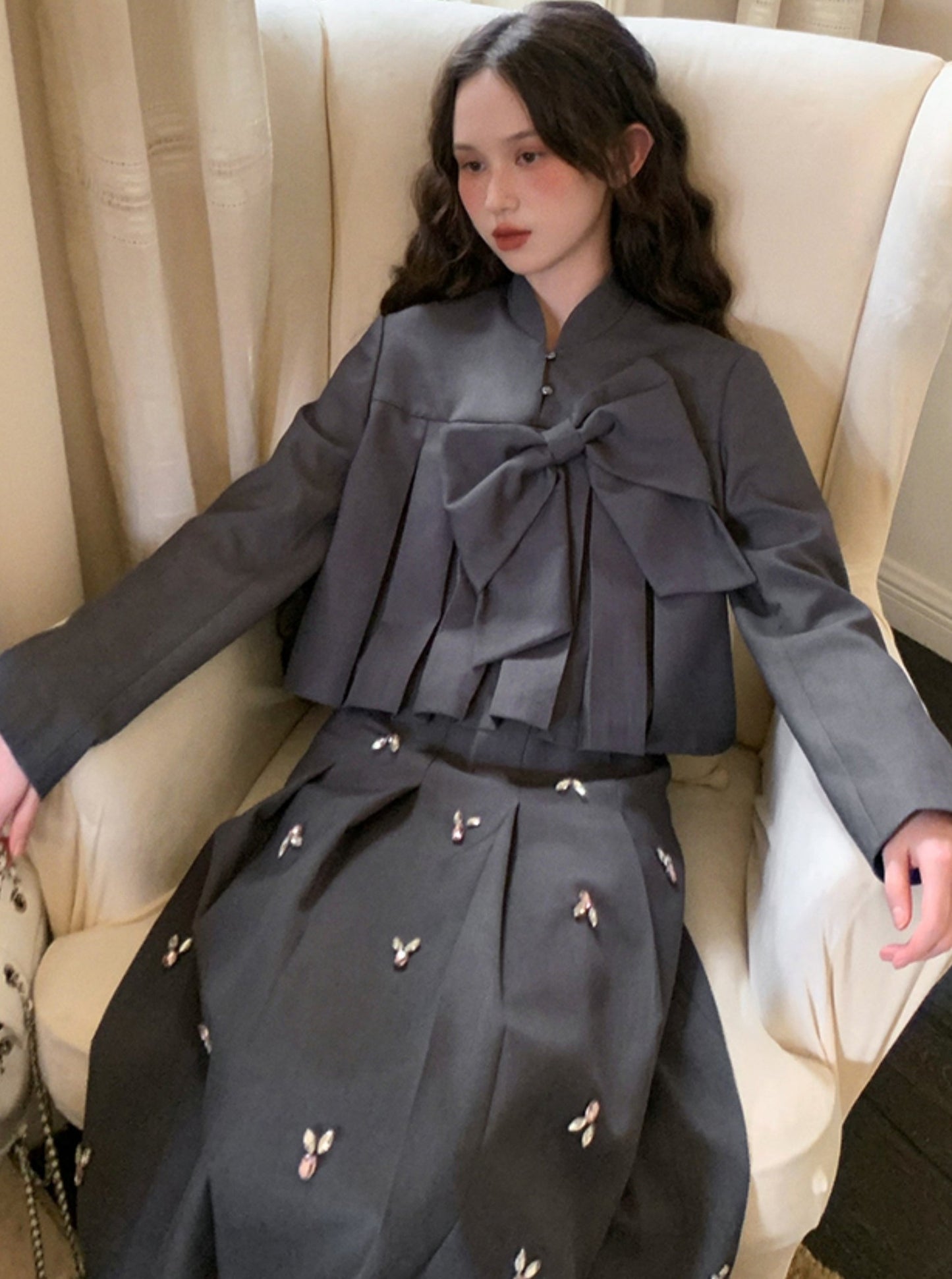 Gray Thin Suit Skirt Set-Up