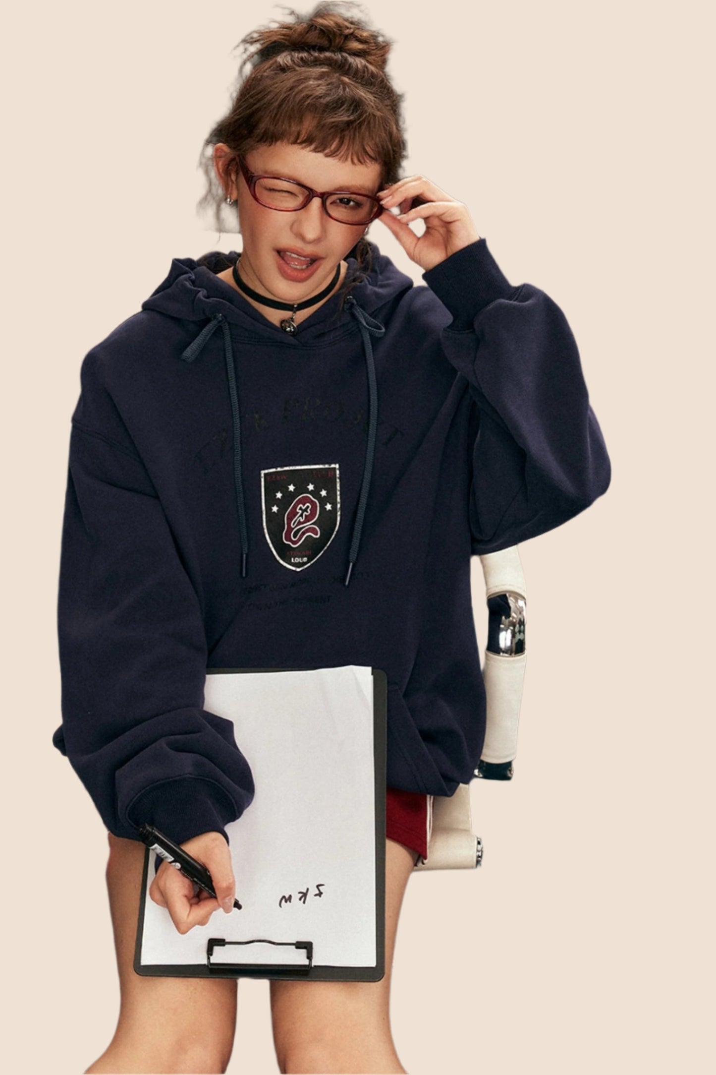 Badge Print Hooded Pullover Grey Sweatshirt