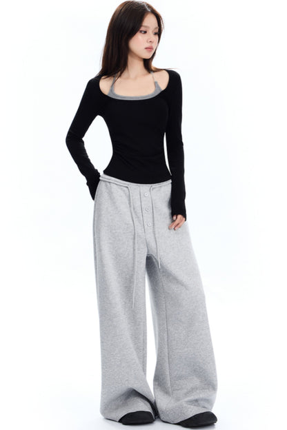 APEA American Retro Fake Placket Black Grey Straight Leg Sweatpants Women's Elasticated Waist Drawstring Loose Wide Leg Casual Pants