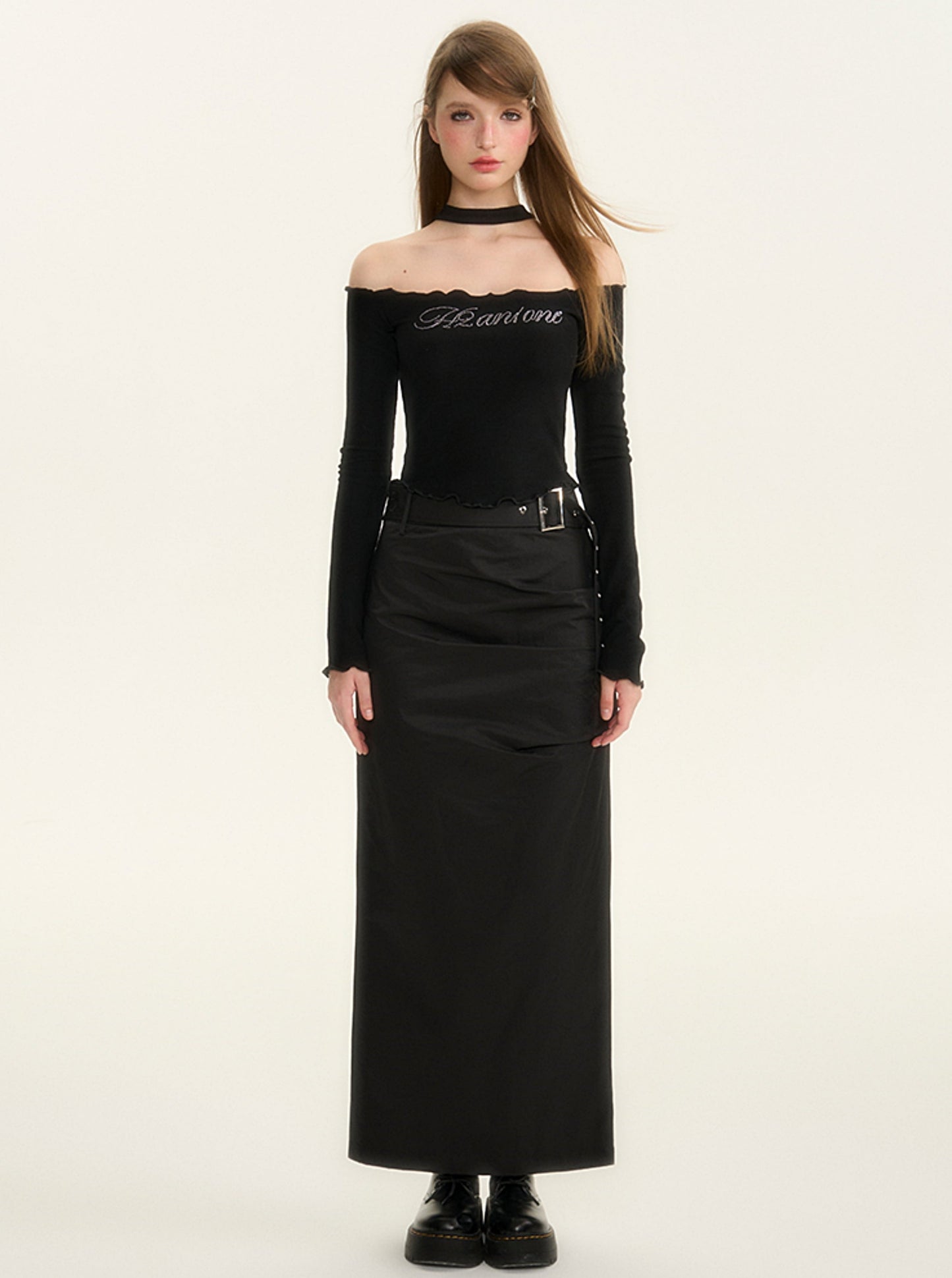 Shirred satin long pleated skirt