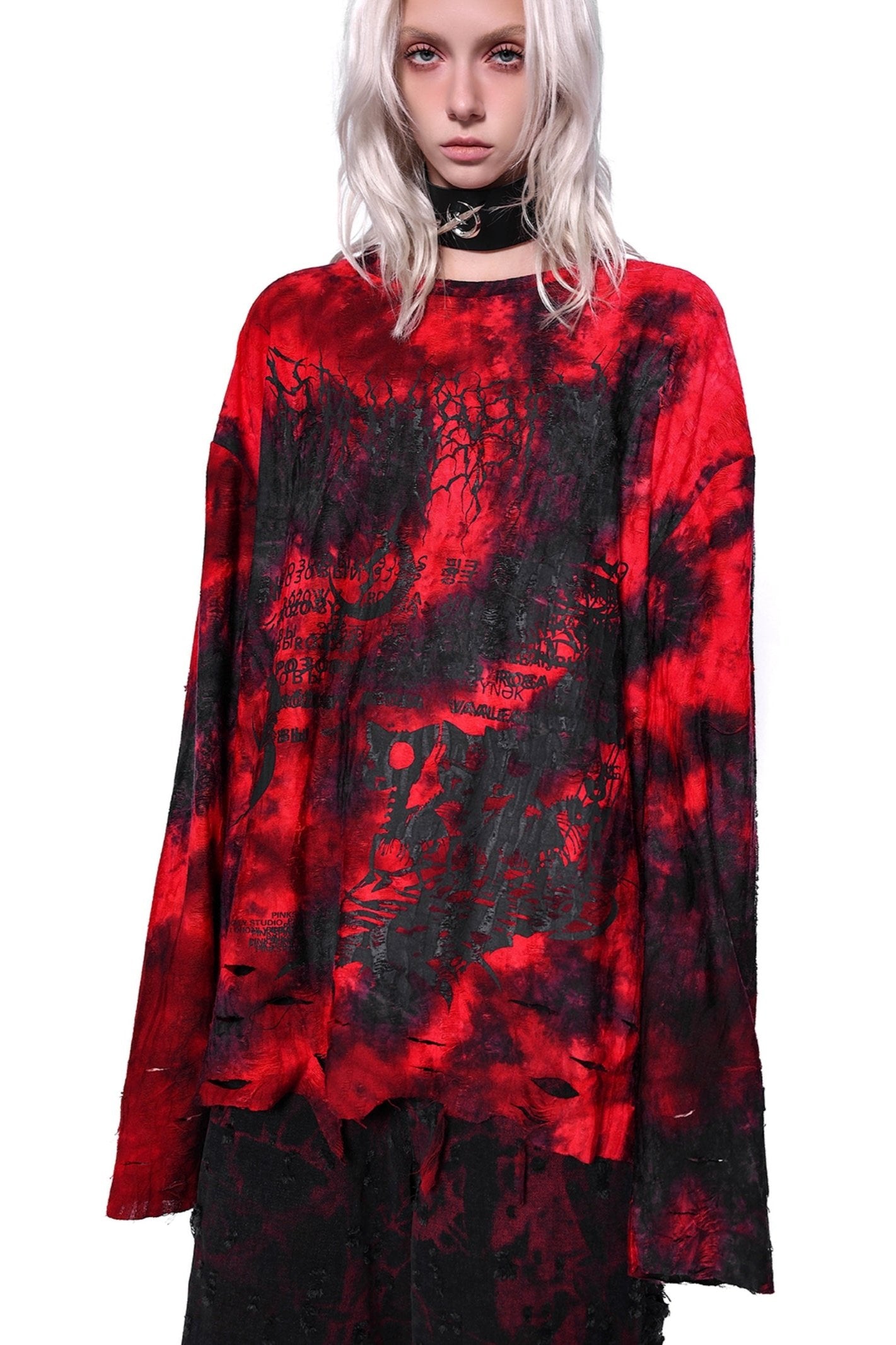 PINKSPINK|1111 NEW|ORIGINAL Electric Moon Dark Destruction Red & Black Tie-Dye Rock Punk Print Long T-Shirt