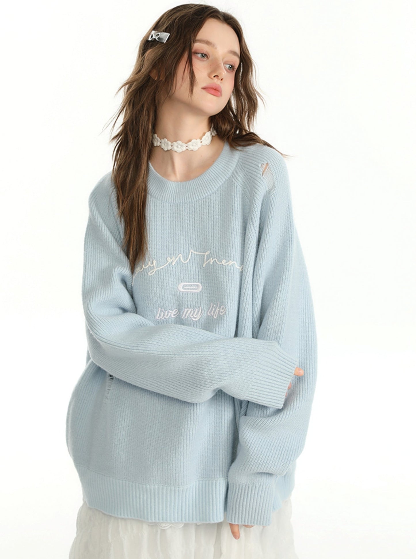 CyNi slouchy woolen embroidery basic crewneck sweater, langärmliges Pullover Oberteil, Strickwaren, lockeres Temperament und vielseitig