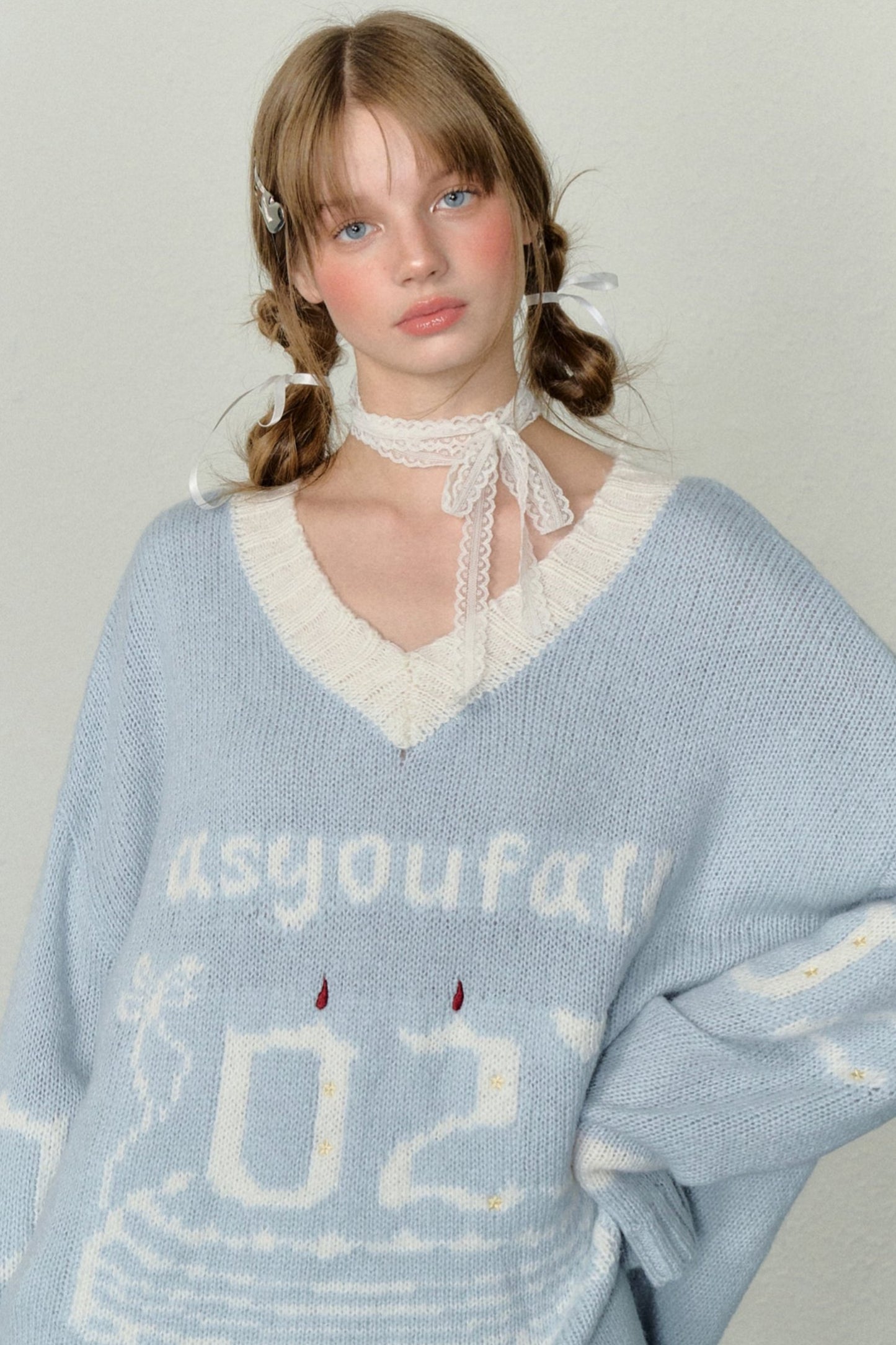 AYF Digital Candle Cake Jacquard Pullover Original Design Sinn Vintage V-Ausschnitt gestrickt slouchy Stil langärmeligen Pullover