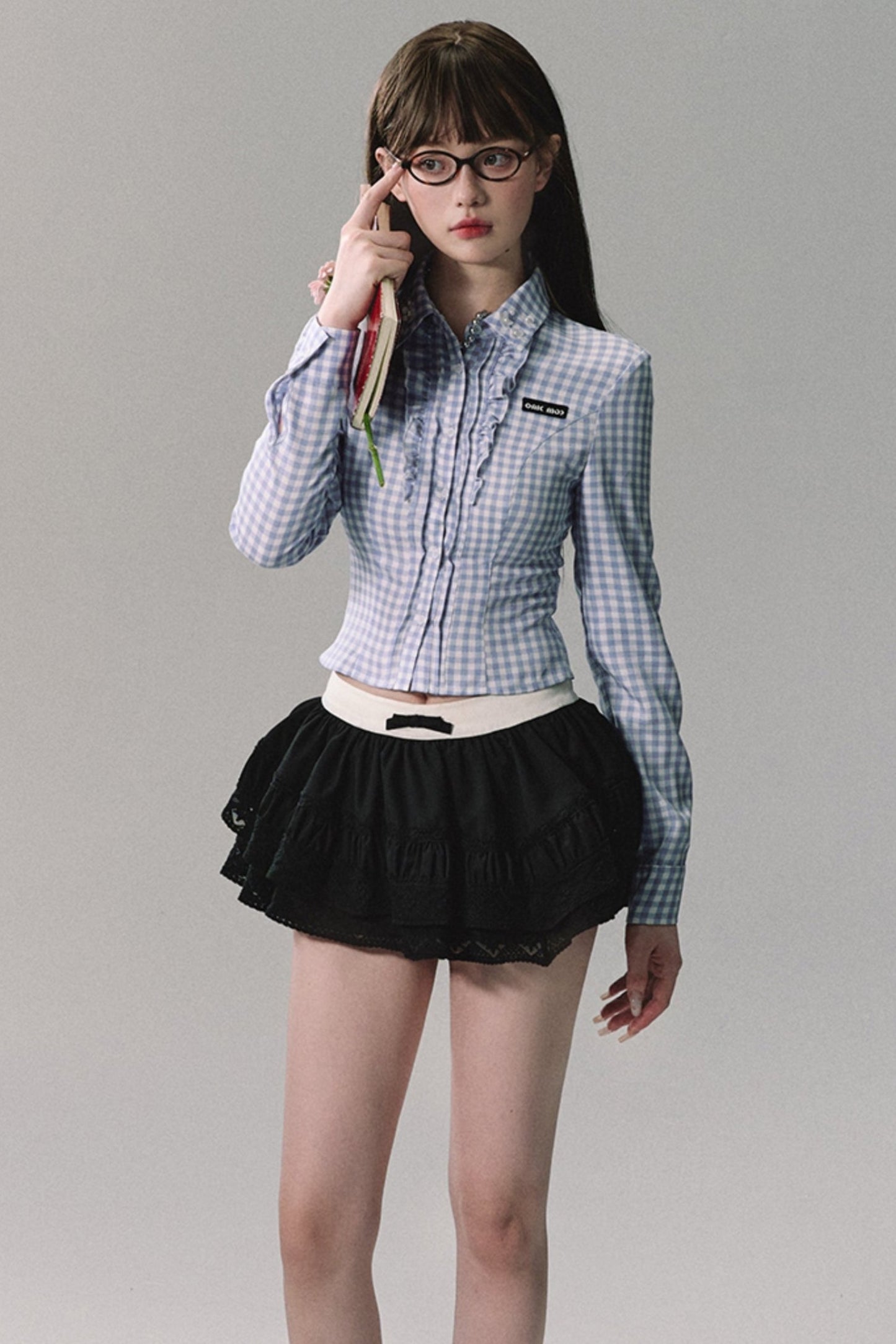 Blue White Plaid Shirt Skirt Set-Up