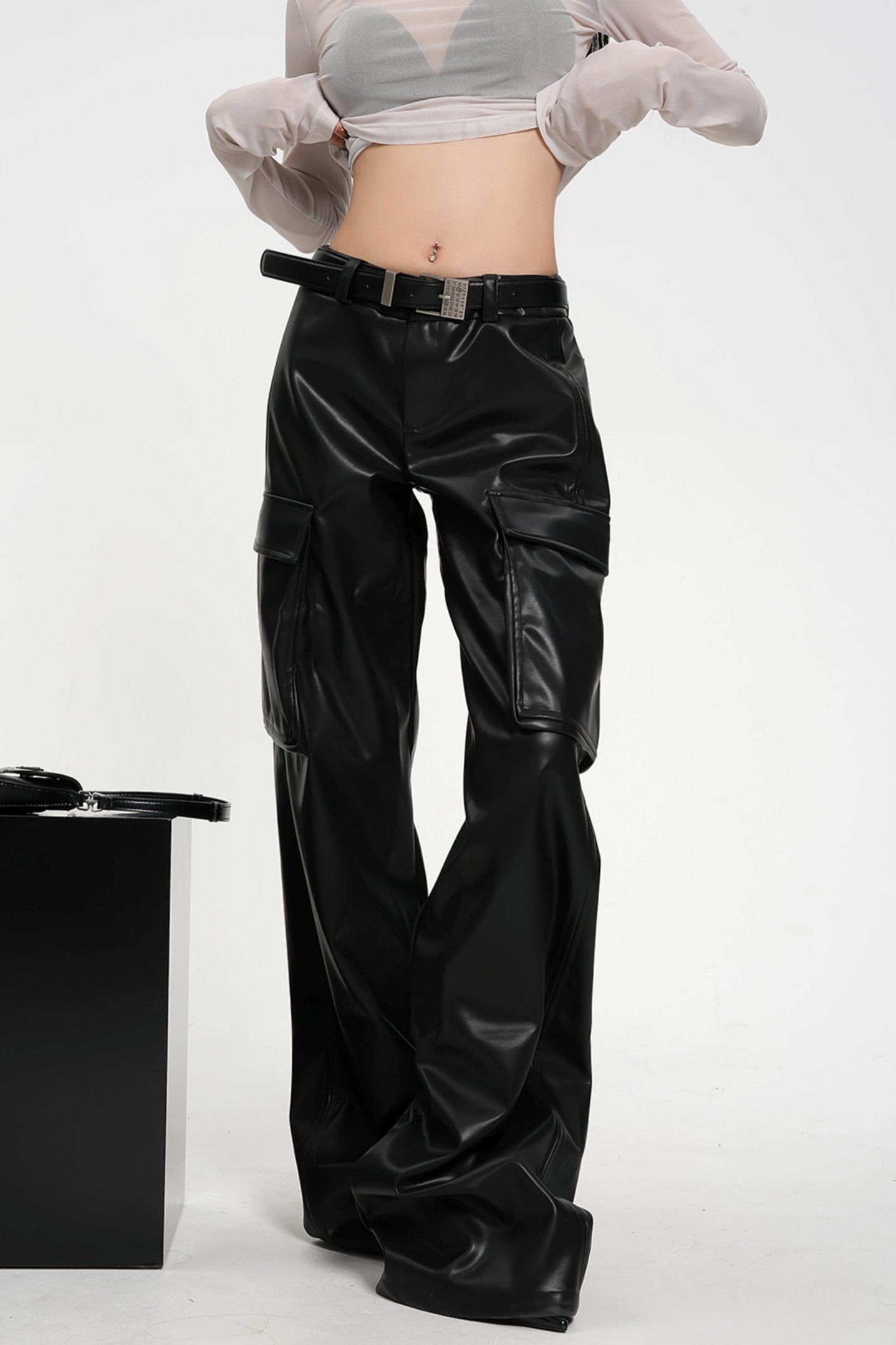 Street Style Shiny Leather Flared Pants