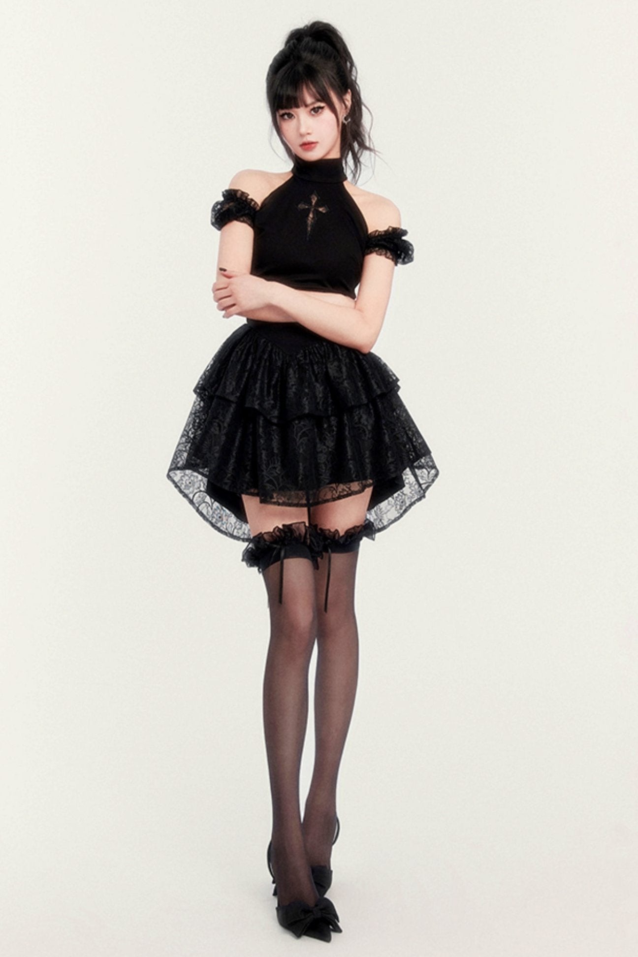 Gothic Cross Cut-Out Tutu Dress With Shorts Legging Set-UP