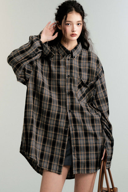 Color-Block Loose Check Long-Sleeed Shirt