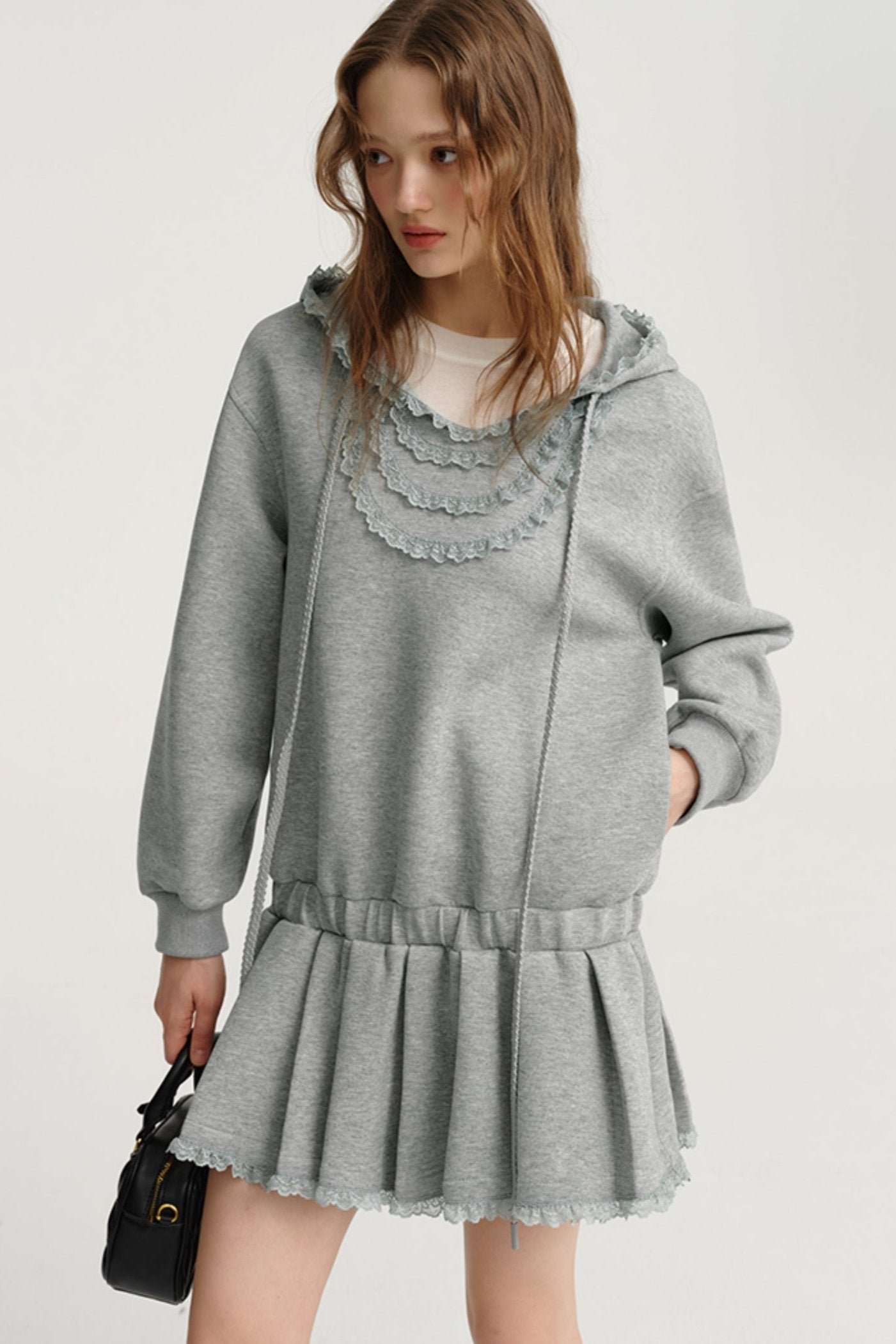 DESIGNER PLUS Grey Lace Panelled Collar Sweatshirt Dress Feminine Autumn Design Cinched Waist Slim Dress