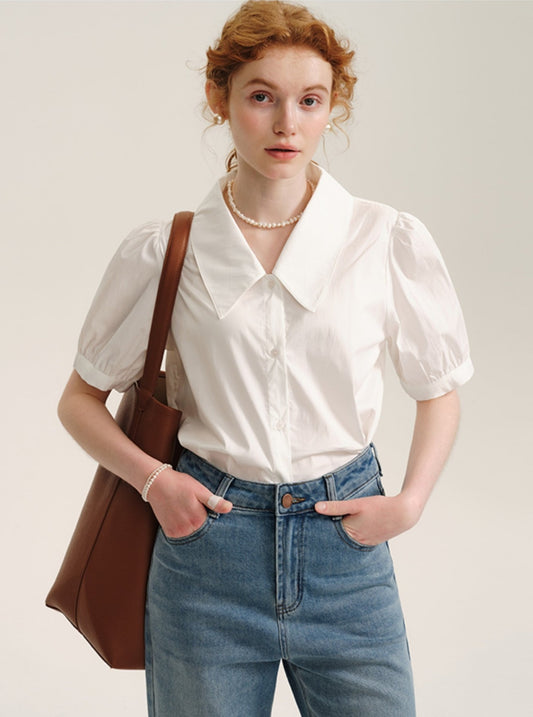 French Puff Sleeve White V-Neck Shirt