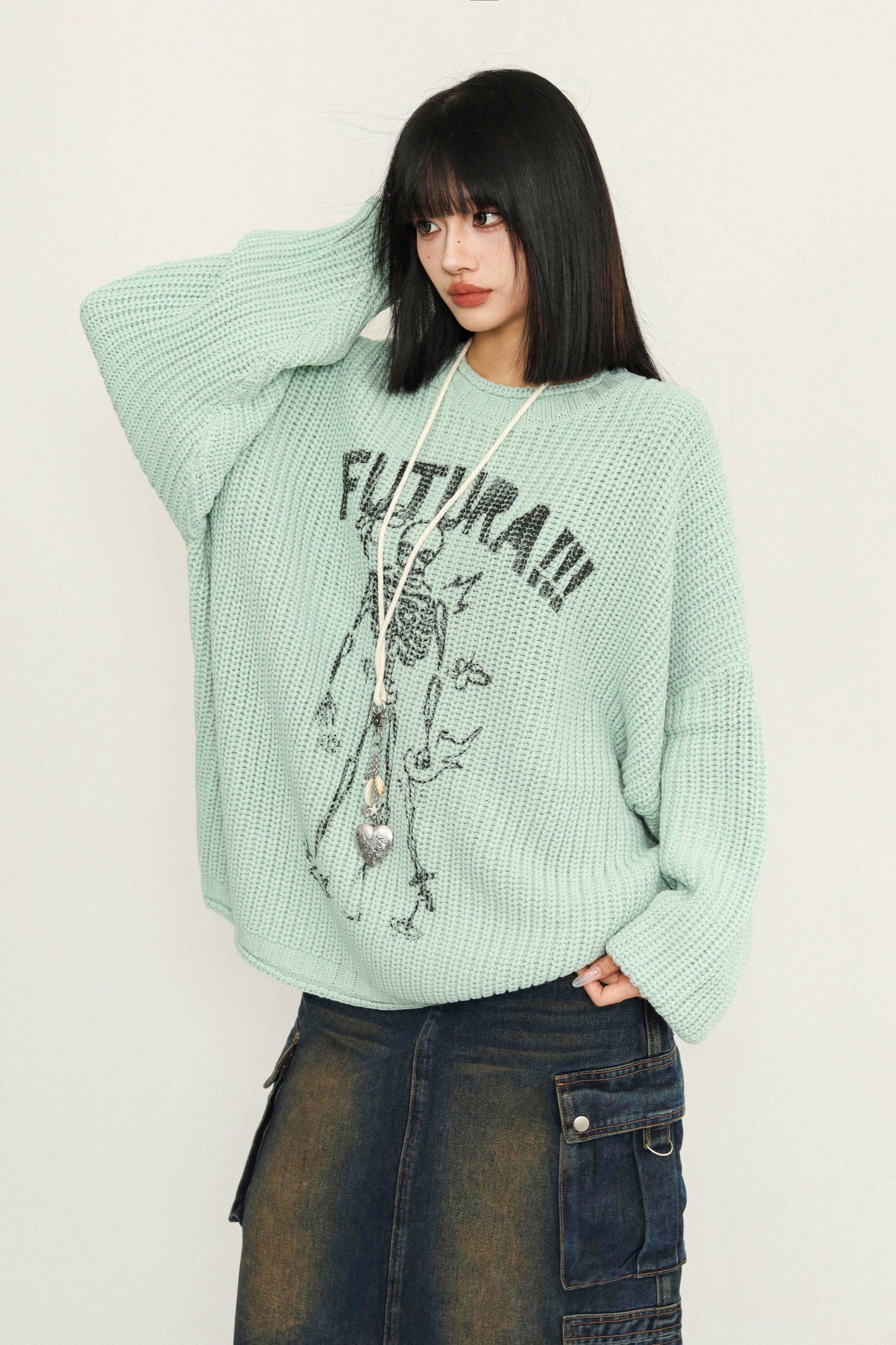 Slouchy Wool Knit Crew Neck Sweater