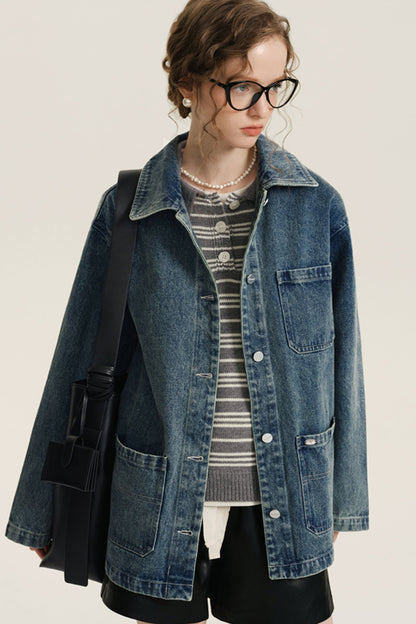 Vintage Washed Denim Cargo Coat