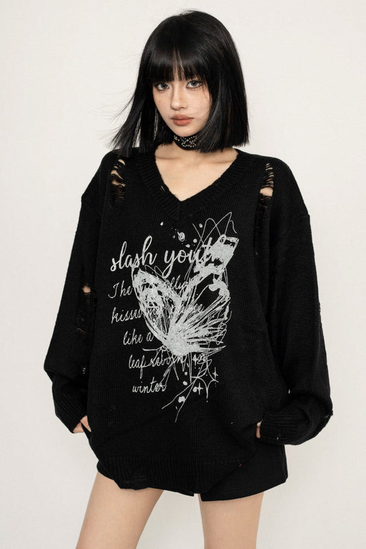 OCTTFLAB Kaffee gestrickt Schmetterling Print Pullover Pre-Fall 2024 Neue Tops lose und dünn vielseitig Frauen