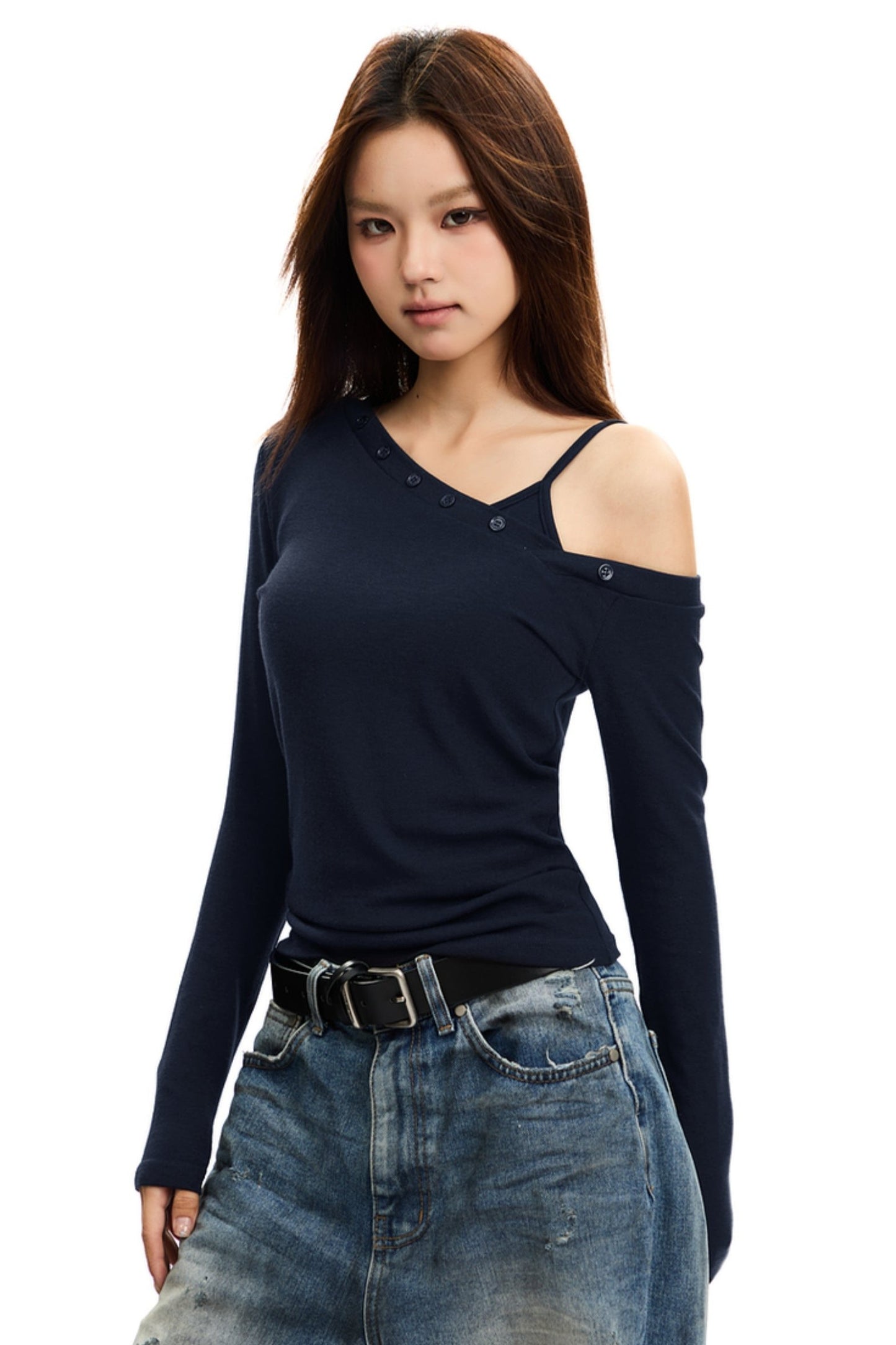 Slanted Shoulder Irregular Button Two-Piece Top