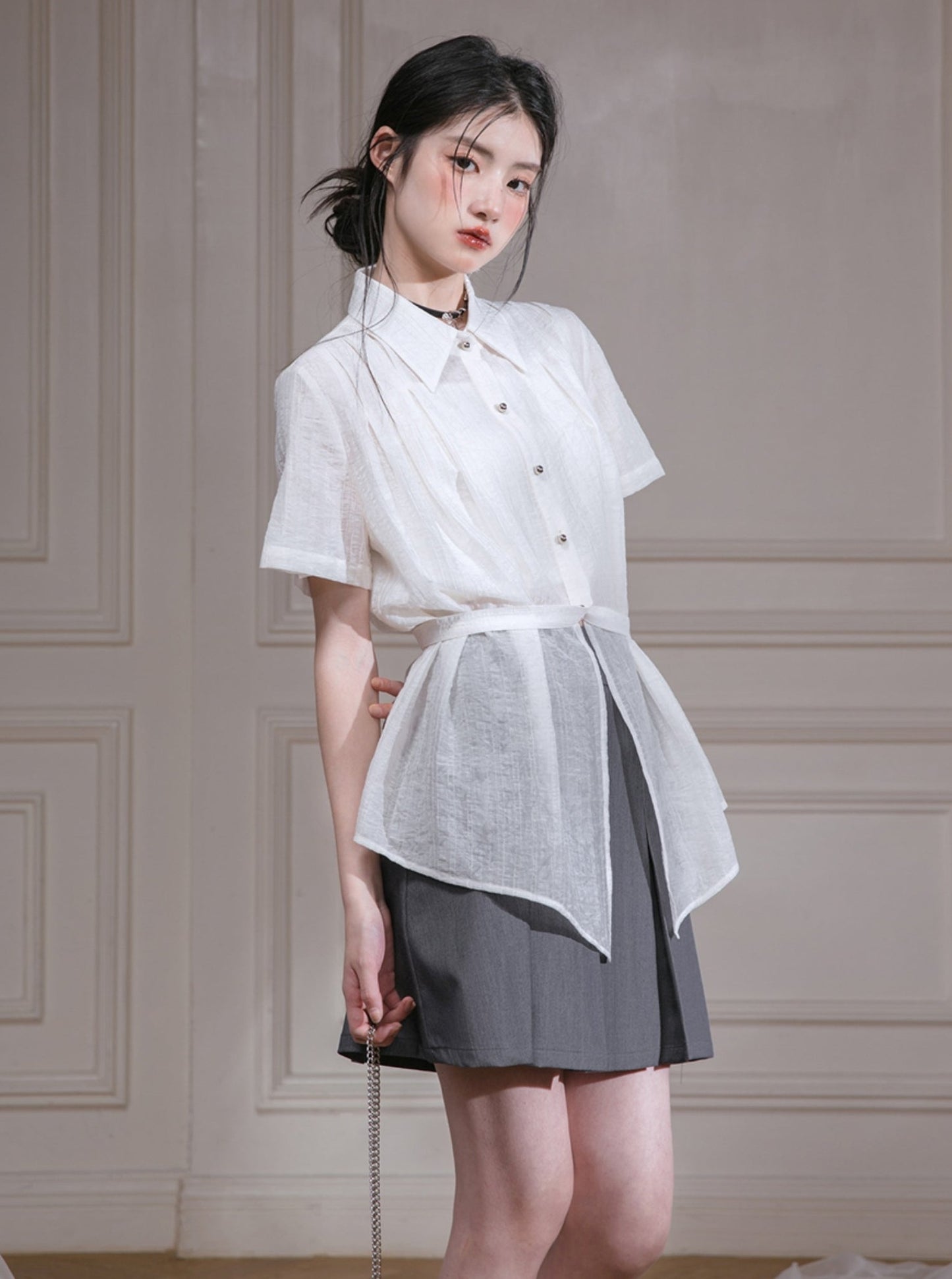 Apricot White Pleated Waist Shirt Set