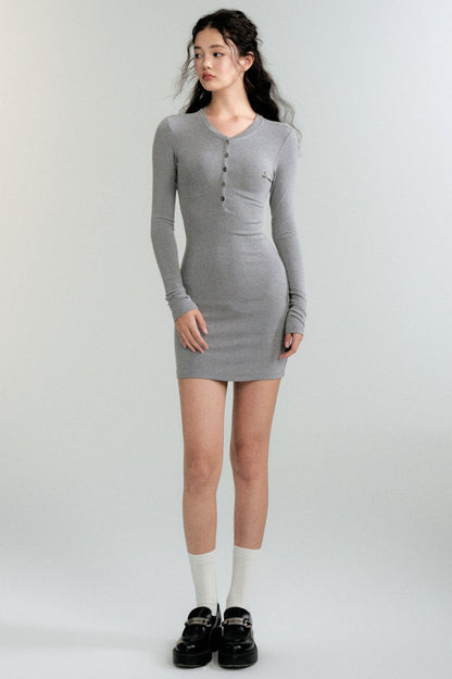 Henley Collar Long Sleeve Knit Dress