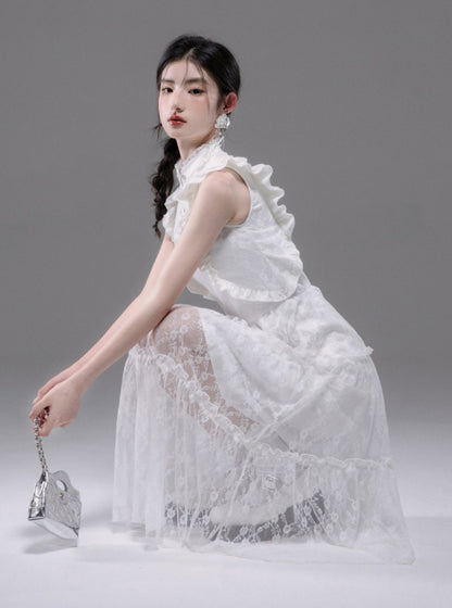 White Lace Stand-up Collar Dress