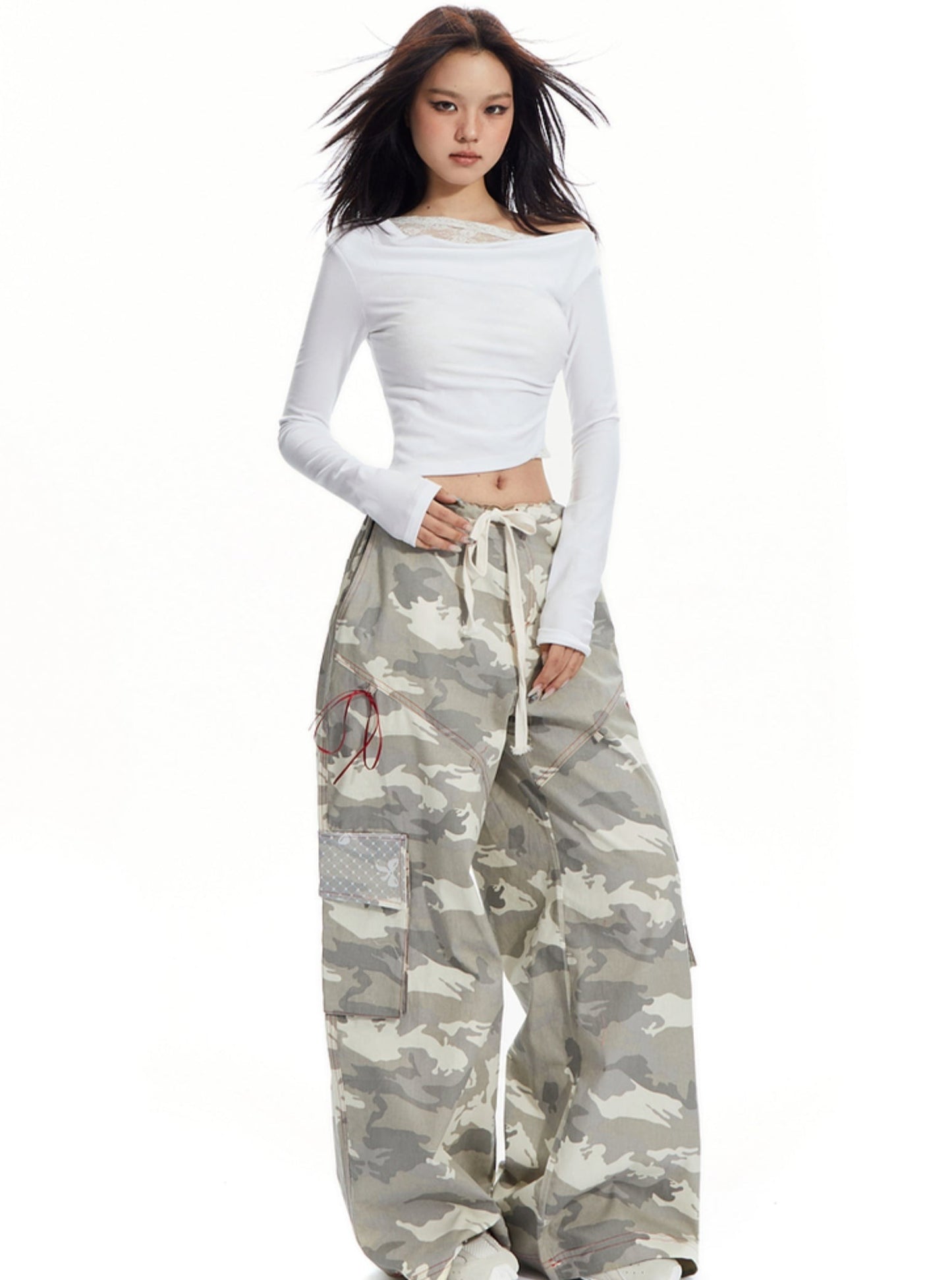 APEA American Vintage Print Drawstring Camouflage Cargo Pants 2024 Sommer Neue Loose Straight Casual Wide-leg Pants