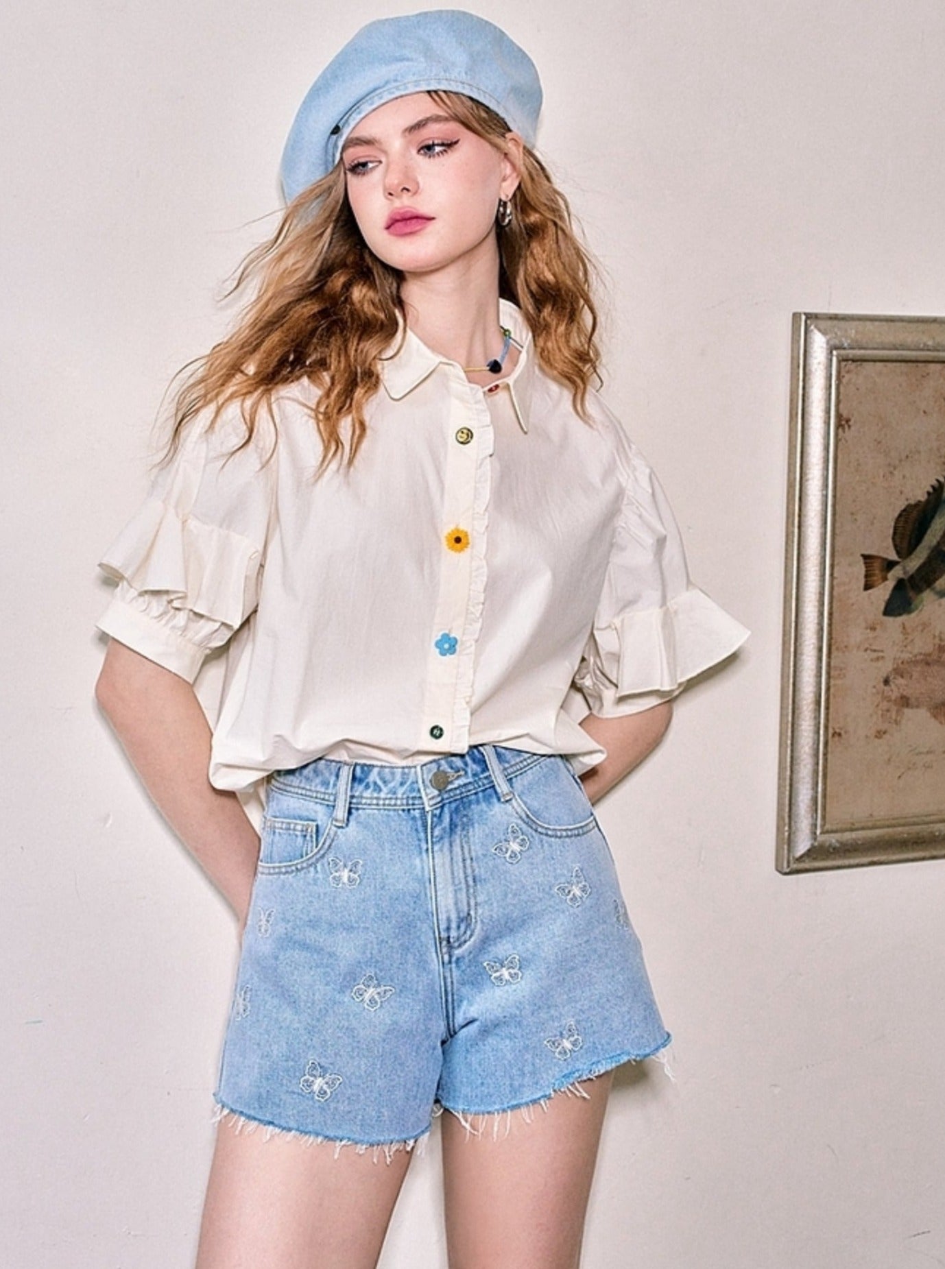 Embroidered Butterfly Shorts Pants